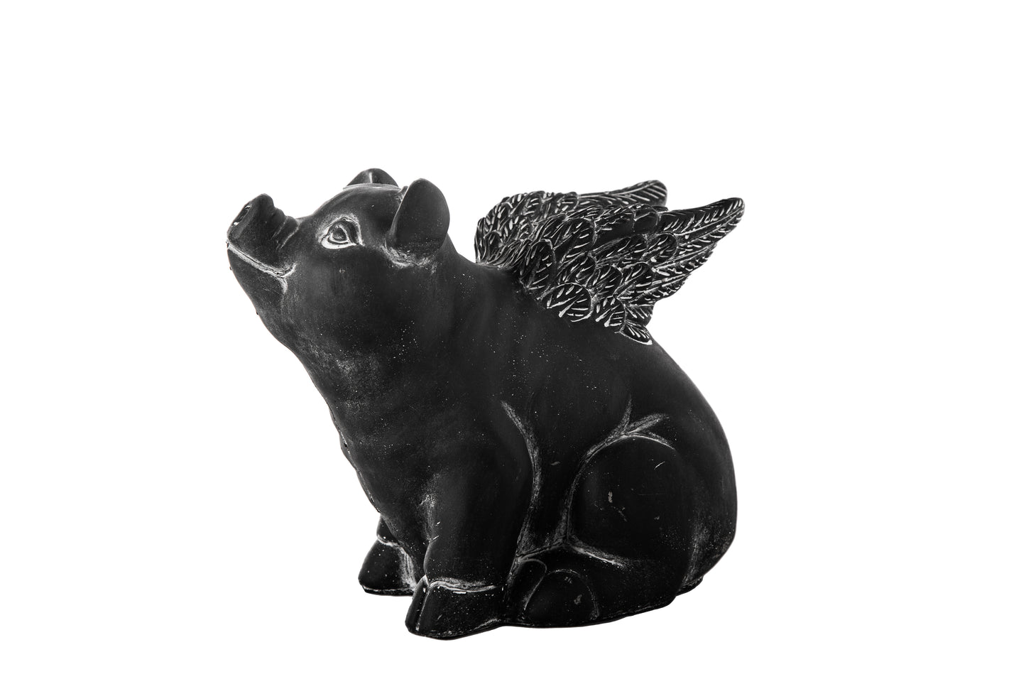 6" Cement Sitting and Facing High Winged Piglet Figurine