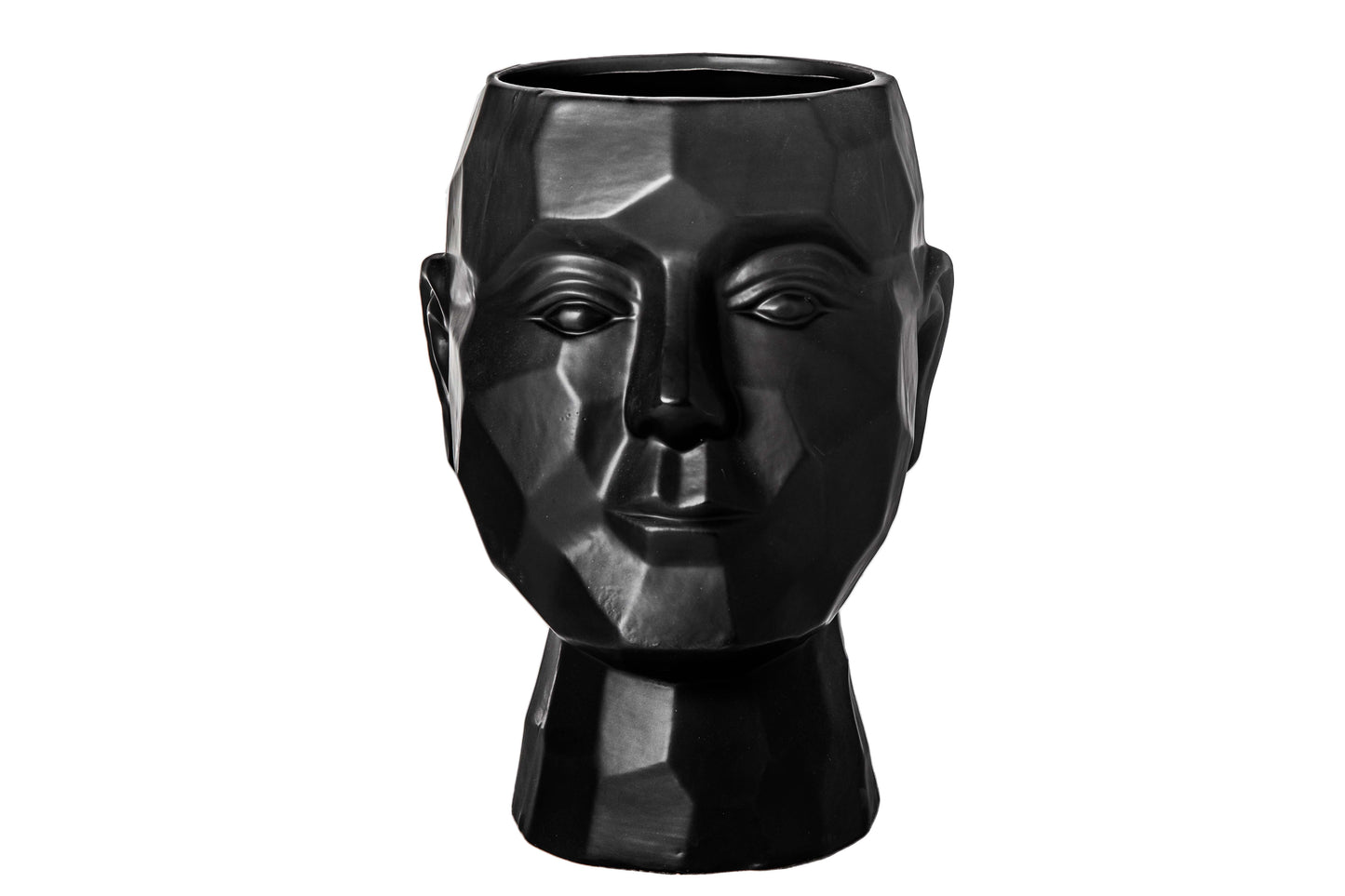 Ceramic Man's Head Pot Matte Finish Black-10.25"H