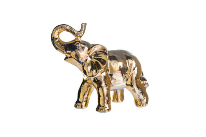 Ceramic Standing Elephant Figurine Chrome Finish Gold-8.25"H