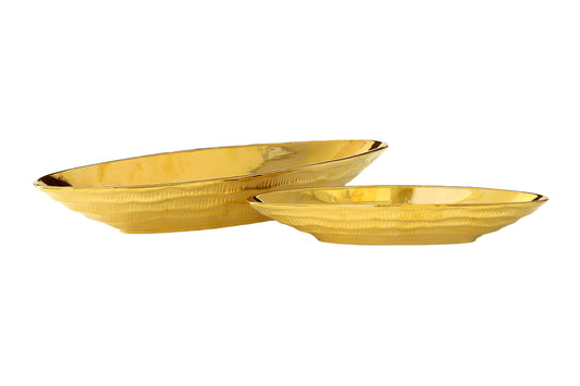 Ceramic  Glaze Boat Shape Geometric   Body Set of Two  Electroplated Gold Finish-3.40"H