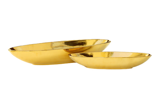 Ceramic Reactive Glaze Boat Shape Smooth  Body Set of Two  Electroplated Gold  Finish-3.40"H