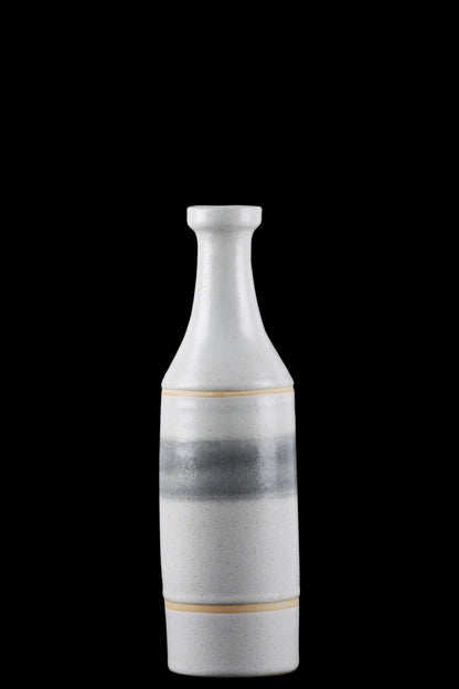 Ceramic Round Bottle Vase with Long Neck, Painted Gray Banded Design Body Coated Finish White