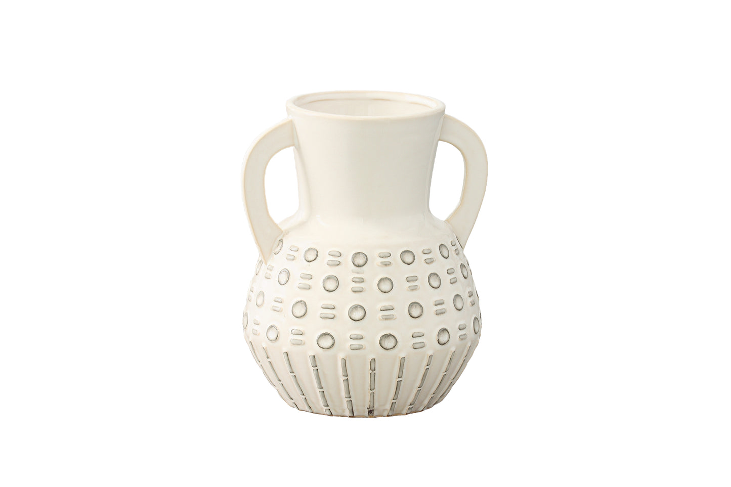 Ceramic Round Bellied Vase with Side Handles, Trumpet Mouth and Embossed Bubble Pattern Gloss Finish White