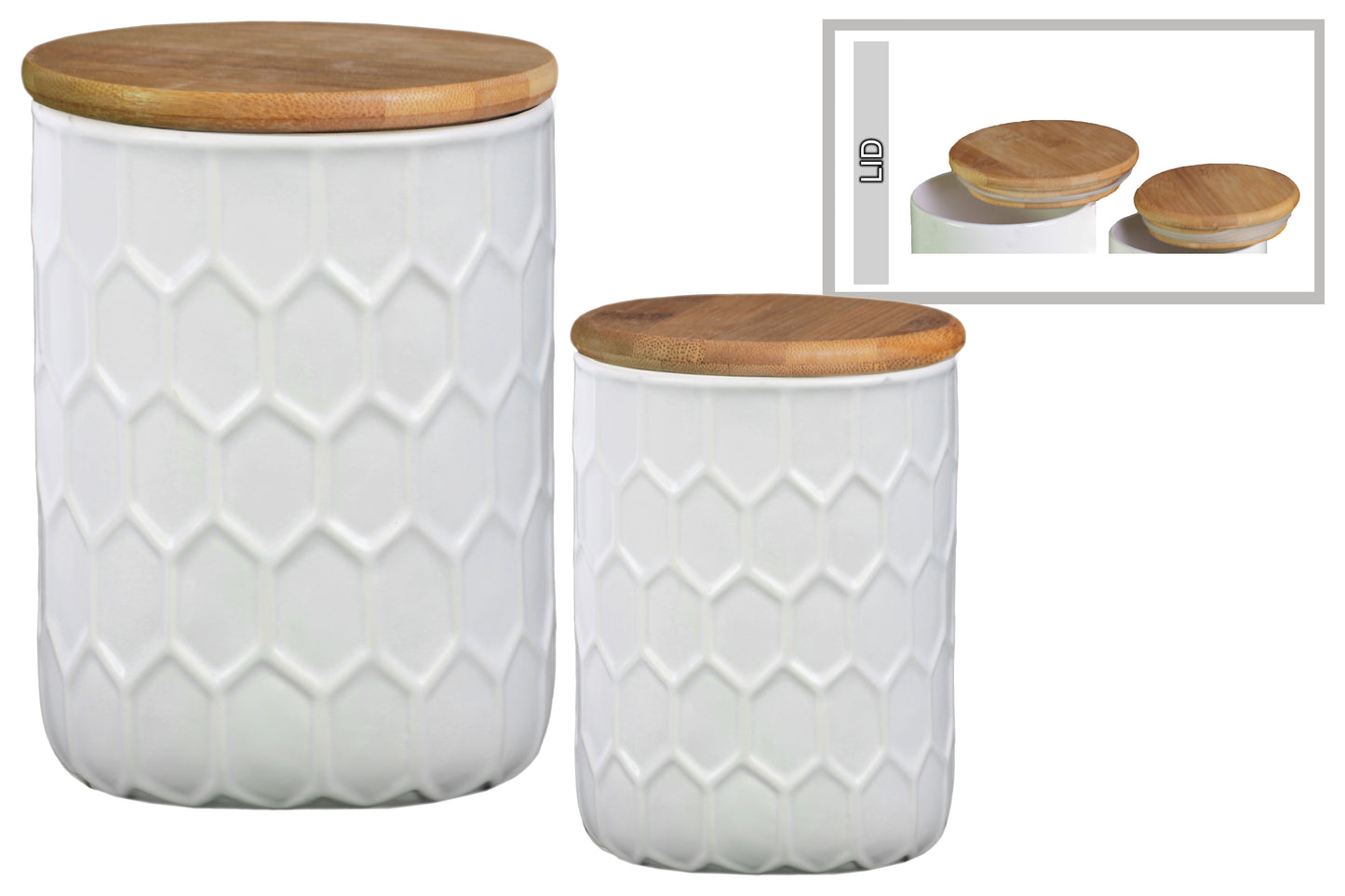 Ceramic Round Canister with Bamboo Lid and Engraved Honeycomb Design Body, Set of 2