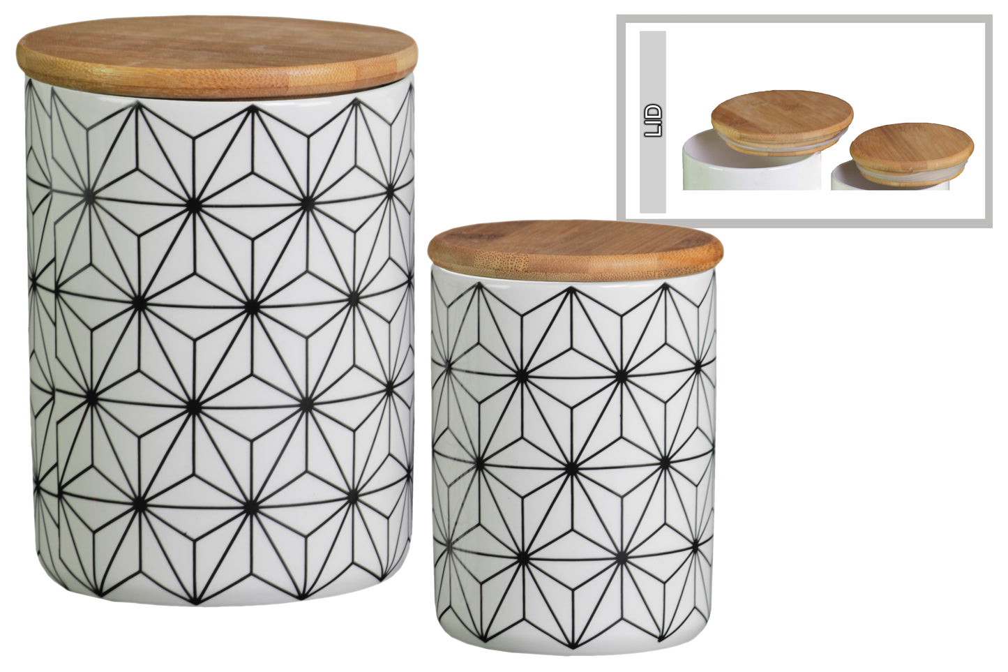 Ceramic Round Canister with Bamboo Lid and Printed Star Lattice Design Body Set of 2