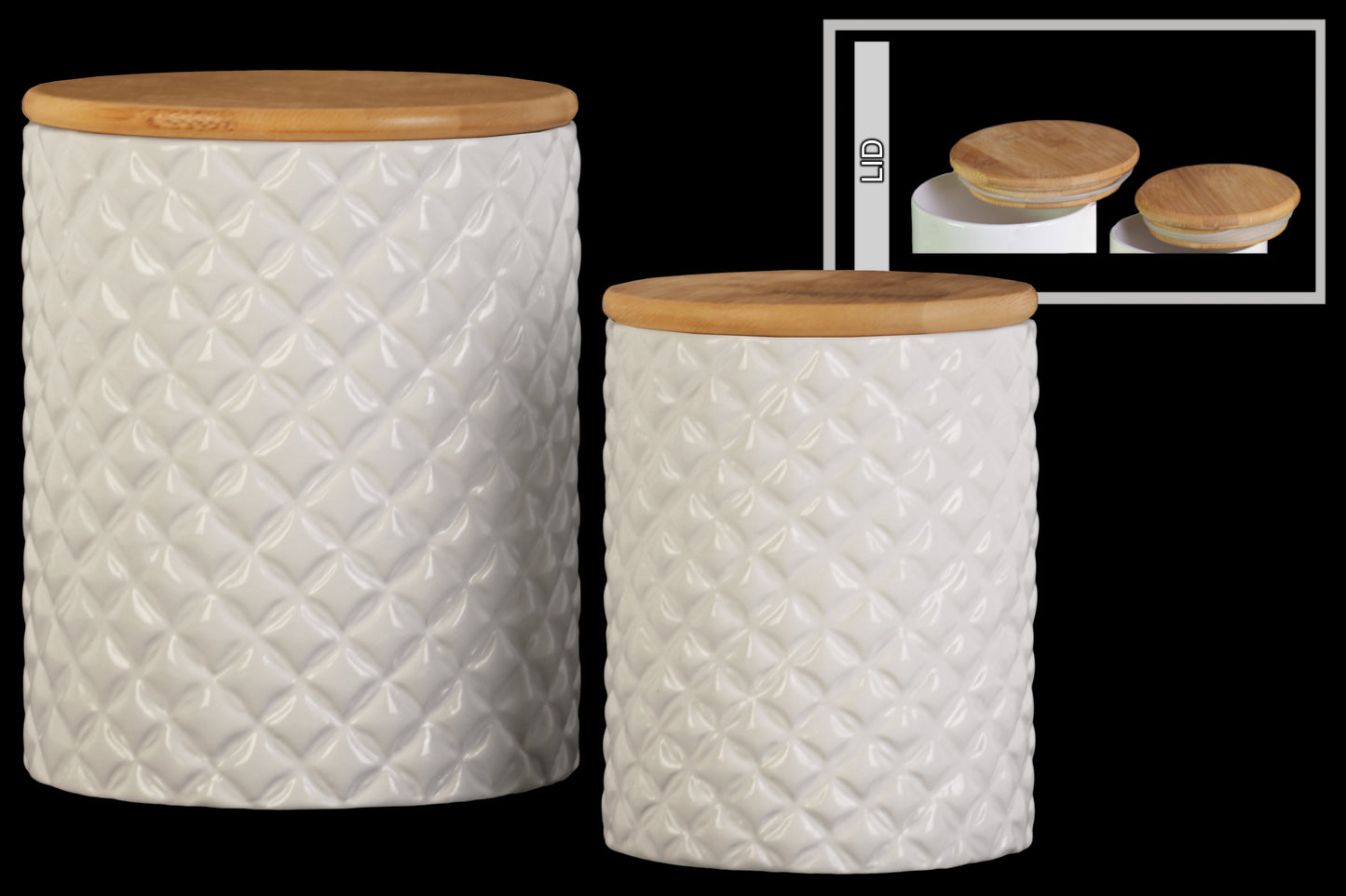 Ceramic Round Canister with Lattice Diamond Design Body and Bamboo Lid, Set of 2