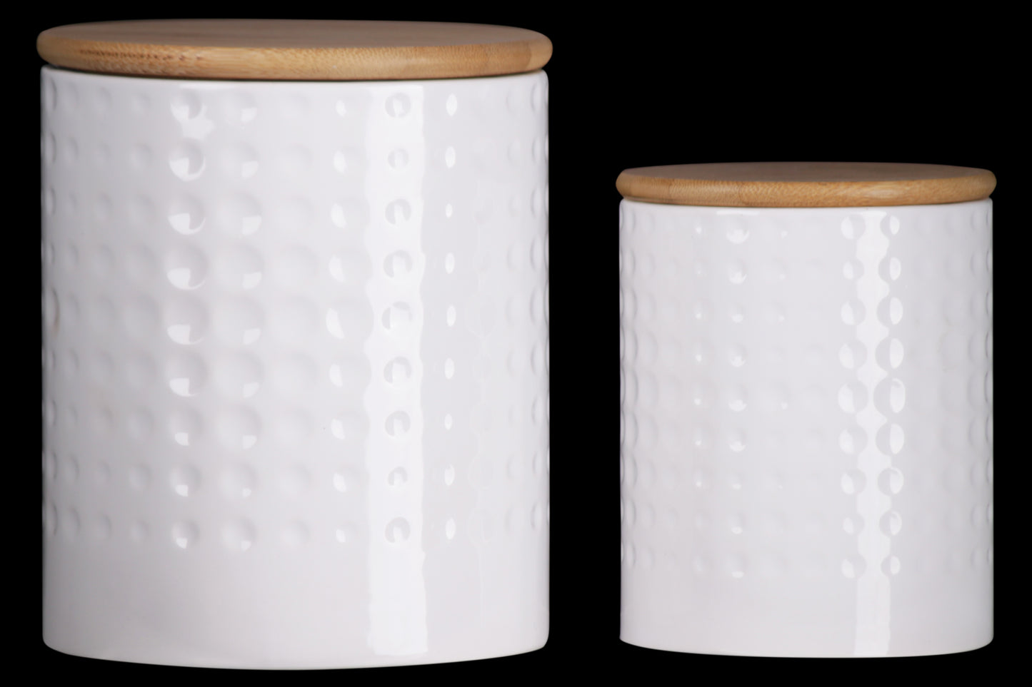 Ceramic Round Canister with Wooden Lid and Engraved Dotted Pattern Design Body, Set of 2