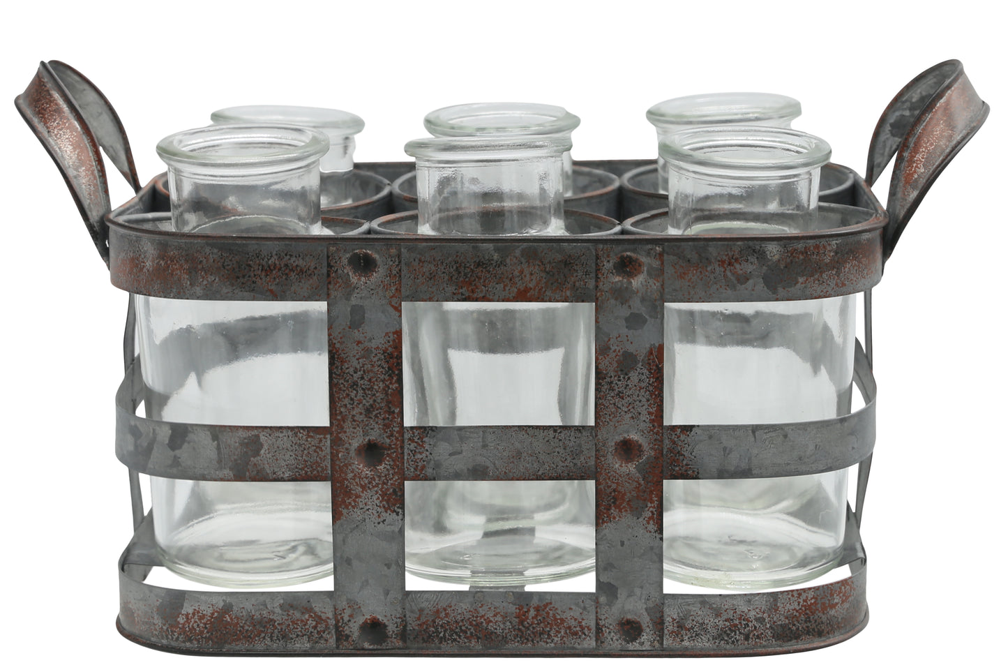 Metal Bud Vase Holder with Side Handles and 6 Clear Round Bottles Tarnished Finish Gray