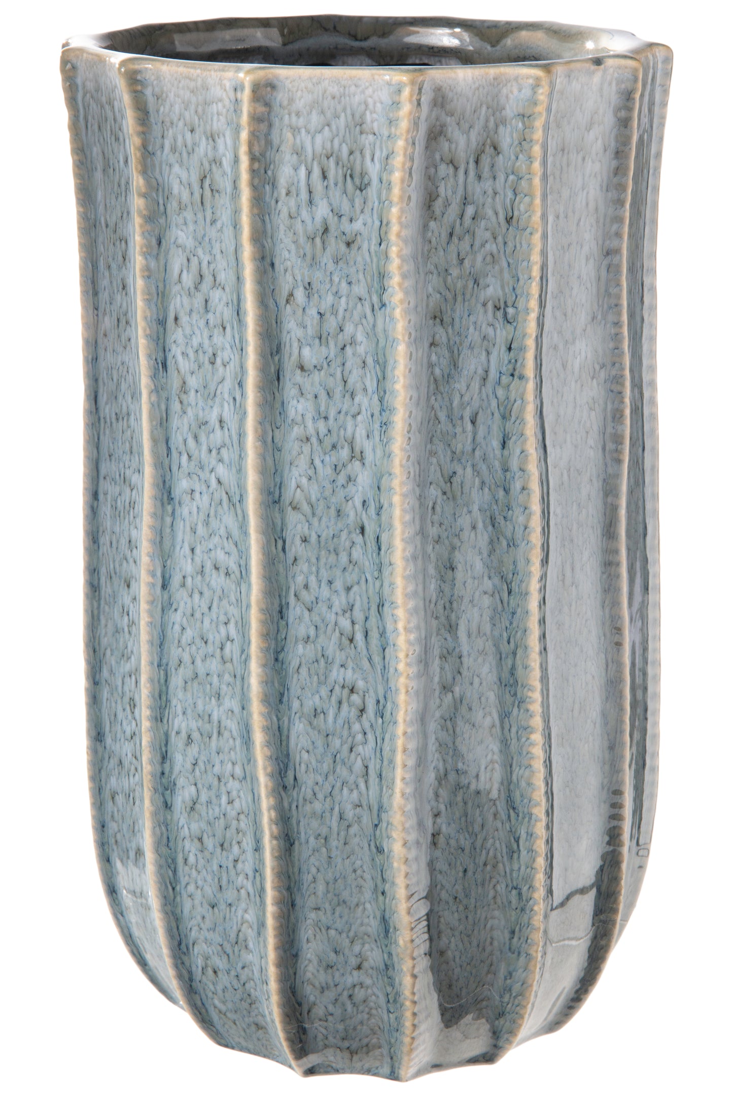 Ceramic Round Vase with Embossed Tan Edges Vertical Line and Asymetrical Pattern Design Steel Blue