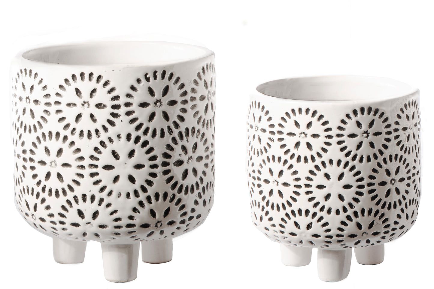 Ceramic Round Pot with Engraved Star Bursting Pattern Design, Set of 2