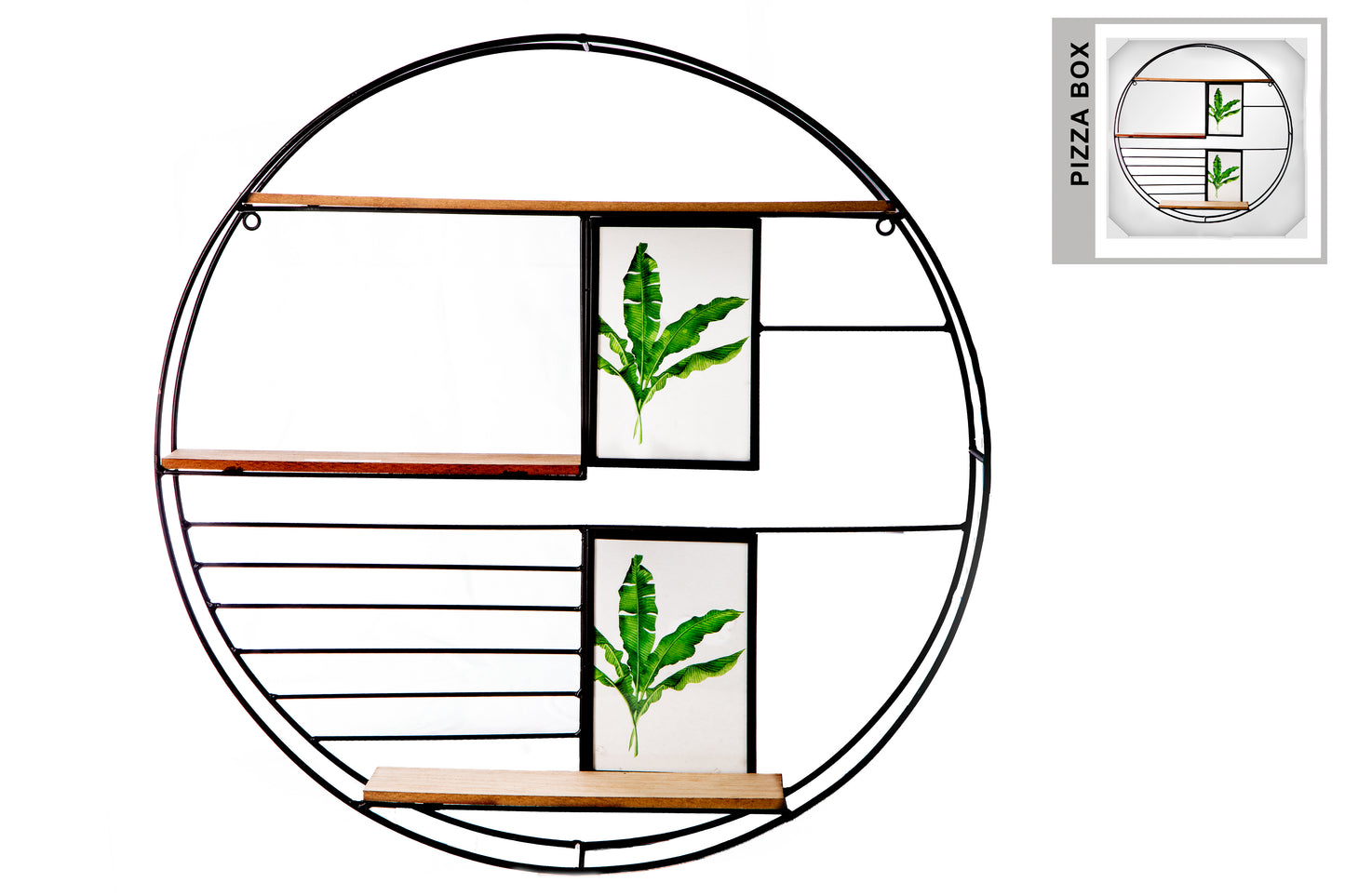 Metal Round Wall Shelf in a Box with Triple Wooden Surface Tiers, Photo Frames Design