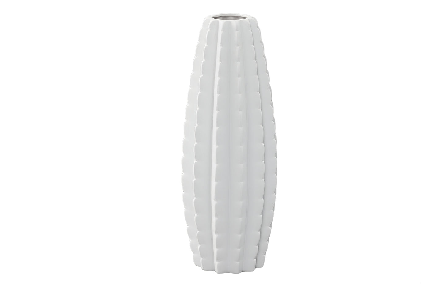 Ceramic Tall Bellied Cylinder Vase with Embedded Wave Design Body and Tapered Bottom Matte Finish White