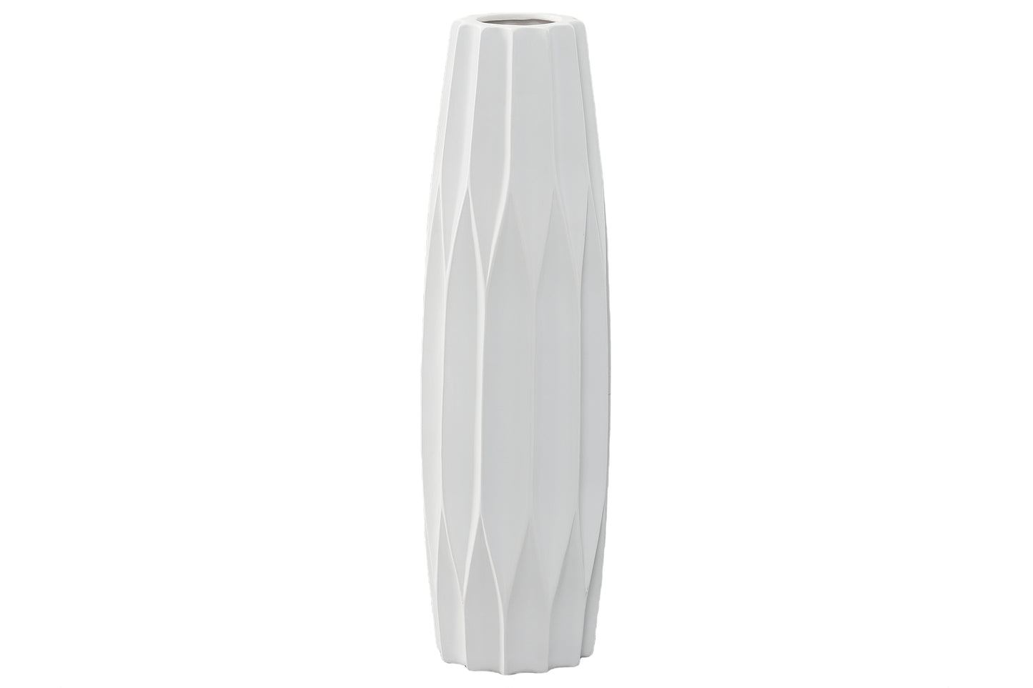 Ceramic Patterned Bellied Round Vase with Embossed Diamond Design Body and Tapered Bottom Matte Finish White