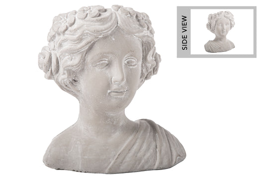 Cement Roman Young Lady Head Pot Washed Concrete Finish Gray-9.50"H