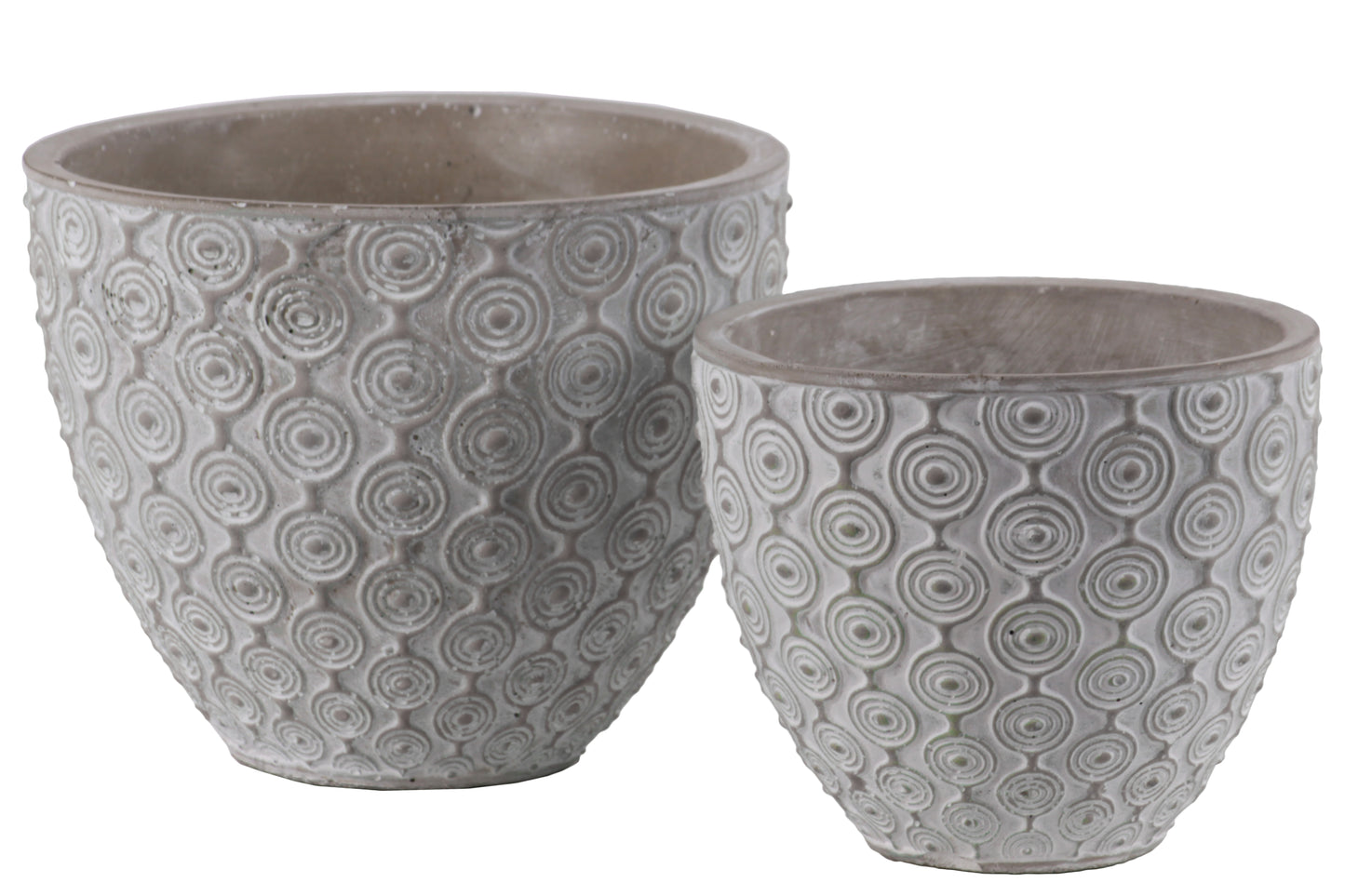 Cement Round Pot with Painted Embossed Concentric Circle Design Body and Tapered Bottom, Set of 2