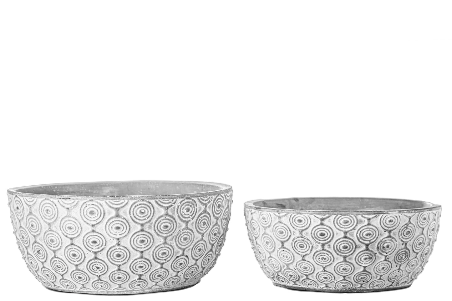 Cement Low Round Pot with Painted Embossed Concentric Circle Design Body and Tapered Bottom, Set of 2