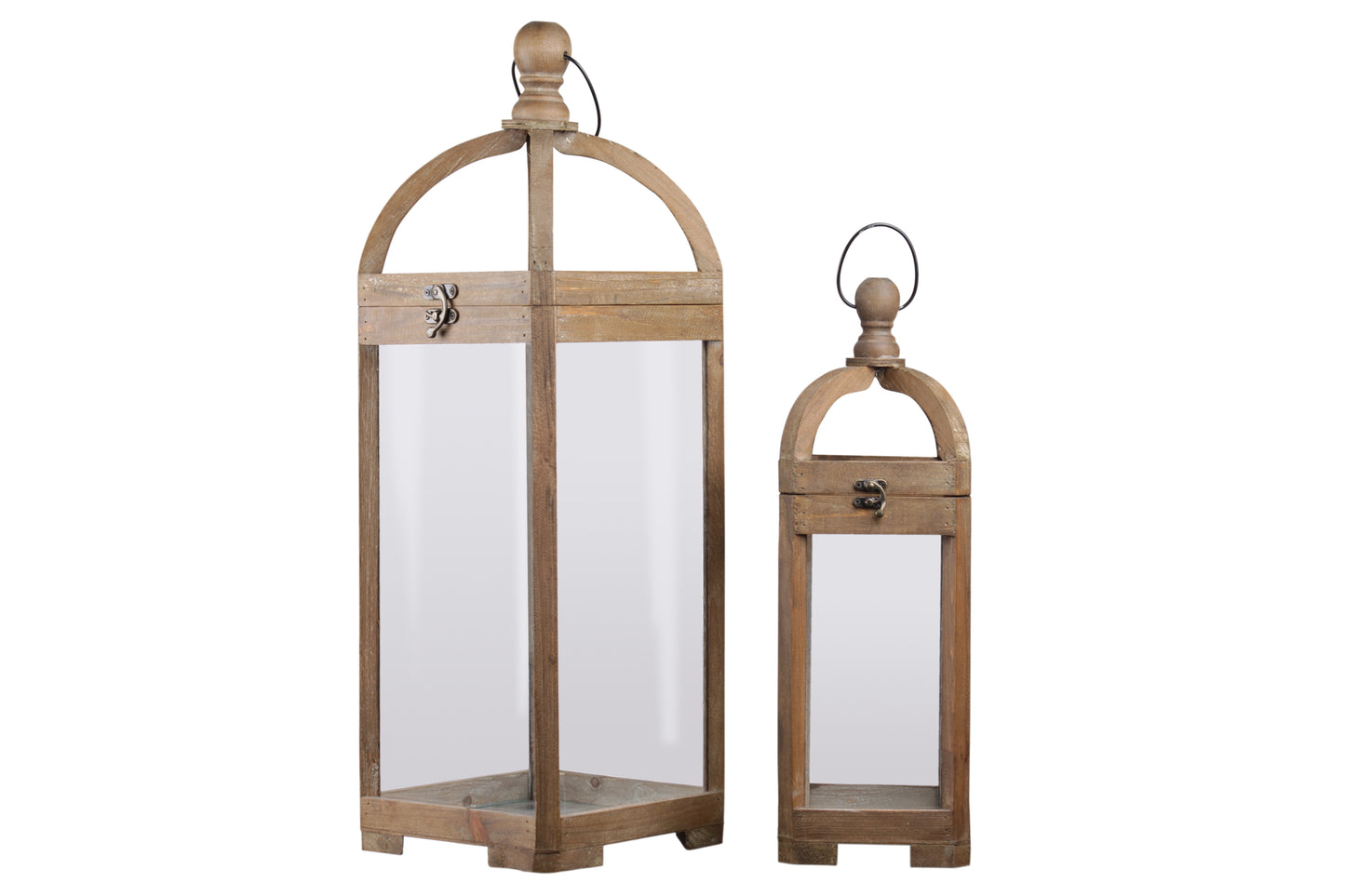Wood Square Lantern with Finial Top, Ring Handle and Glass Windows