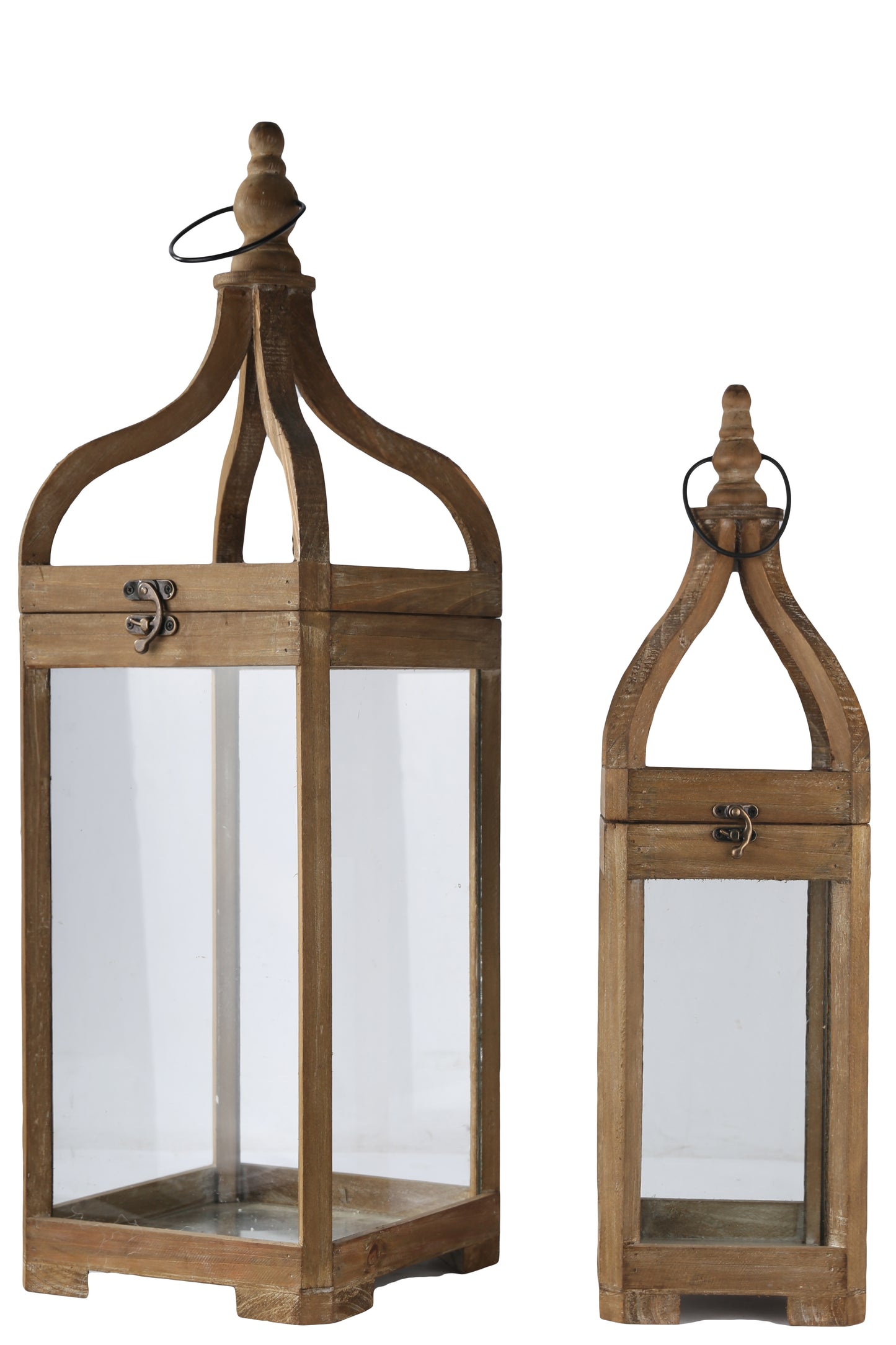 Wood Square Lantern with Top Metal Ring Hanger and Glass Sides