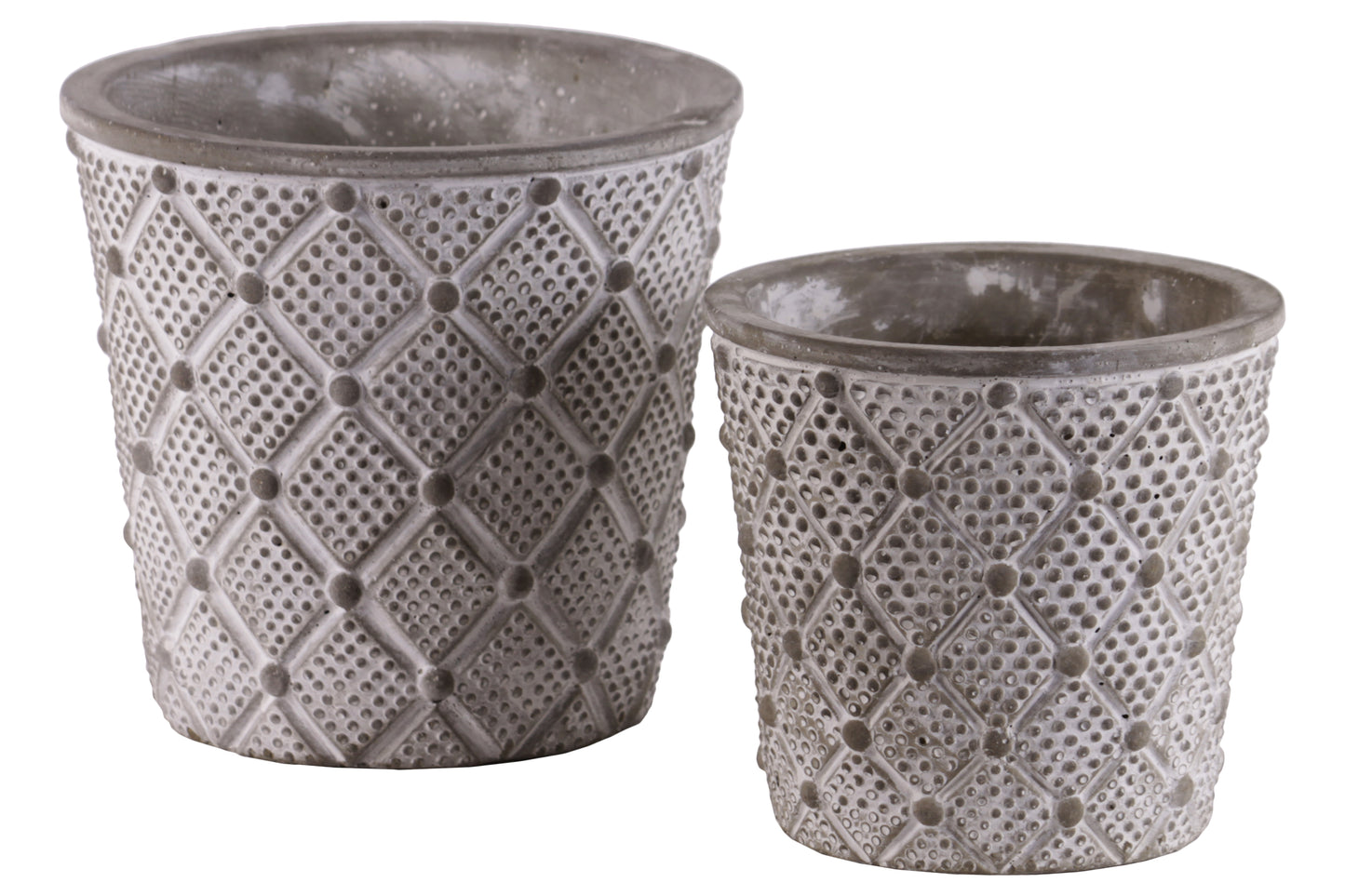 Cement Round Pot with Diamond and Dots Lattice Pattern Design Body, Set of 2
