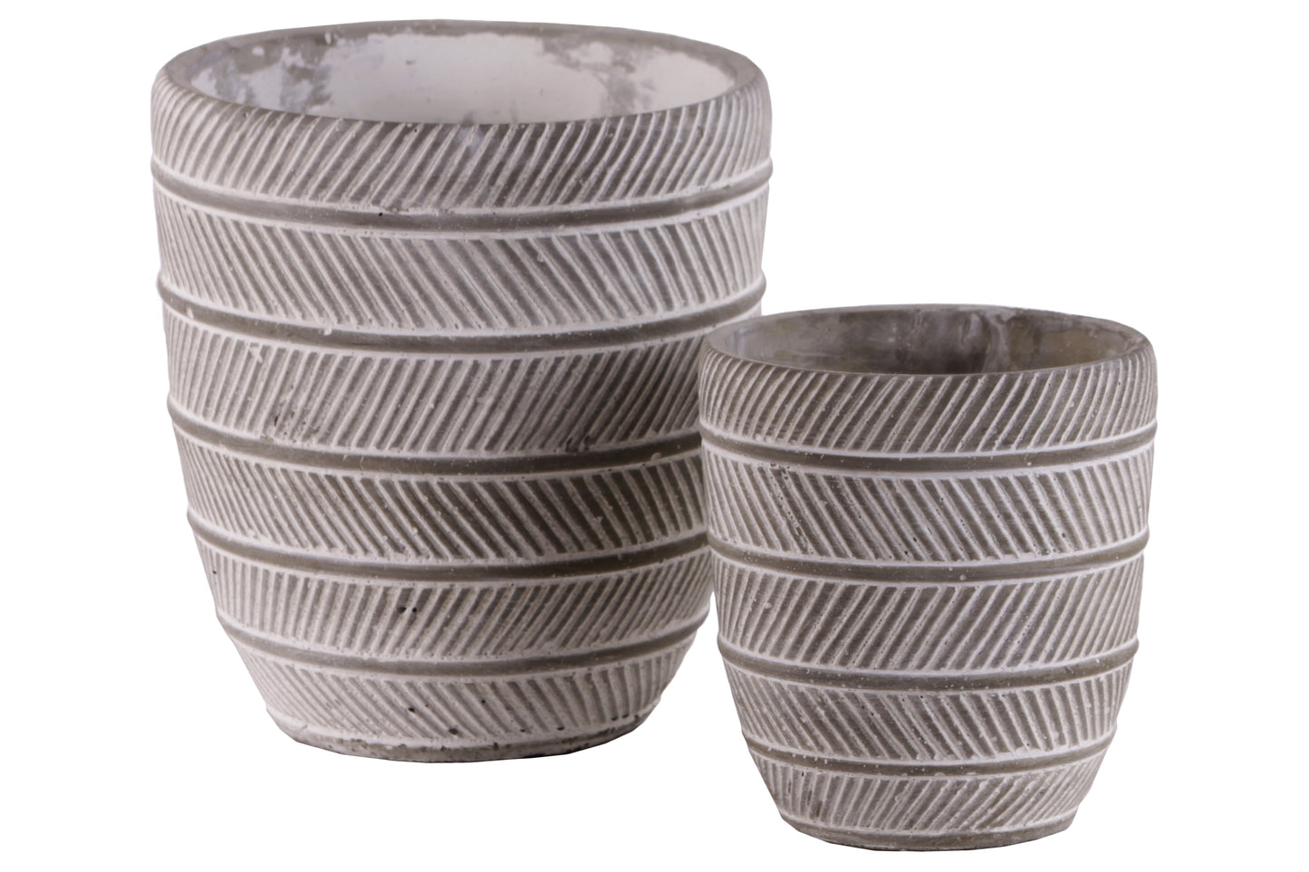 Cement Round Pot with Alternate Parrallel Lines Design Body and Tapered Bottom, Set of 2