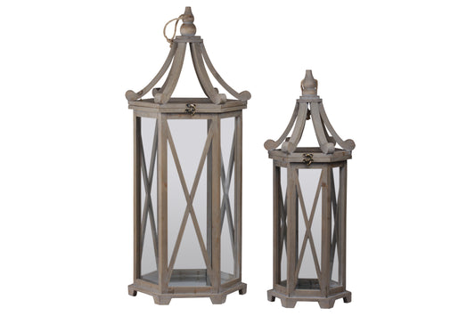 Wood Hexagonal Lantern Weathered Finish Brown..13.00"x11.50"x31.50"H