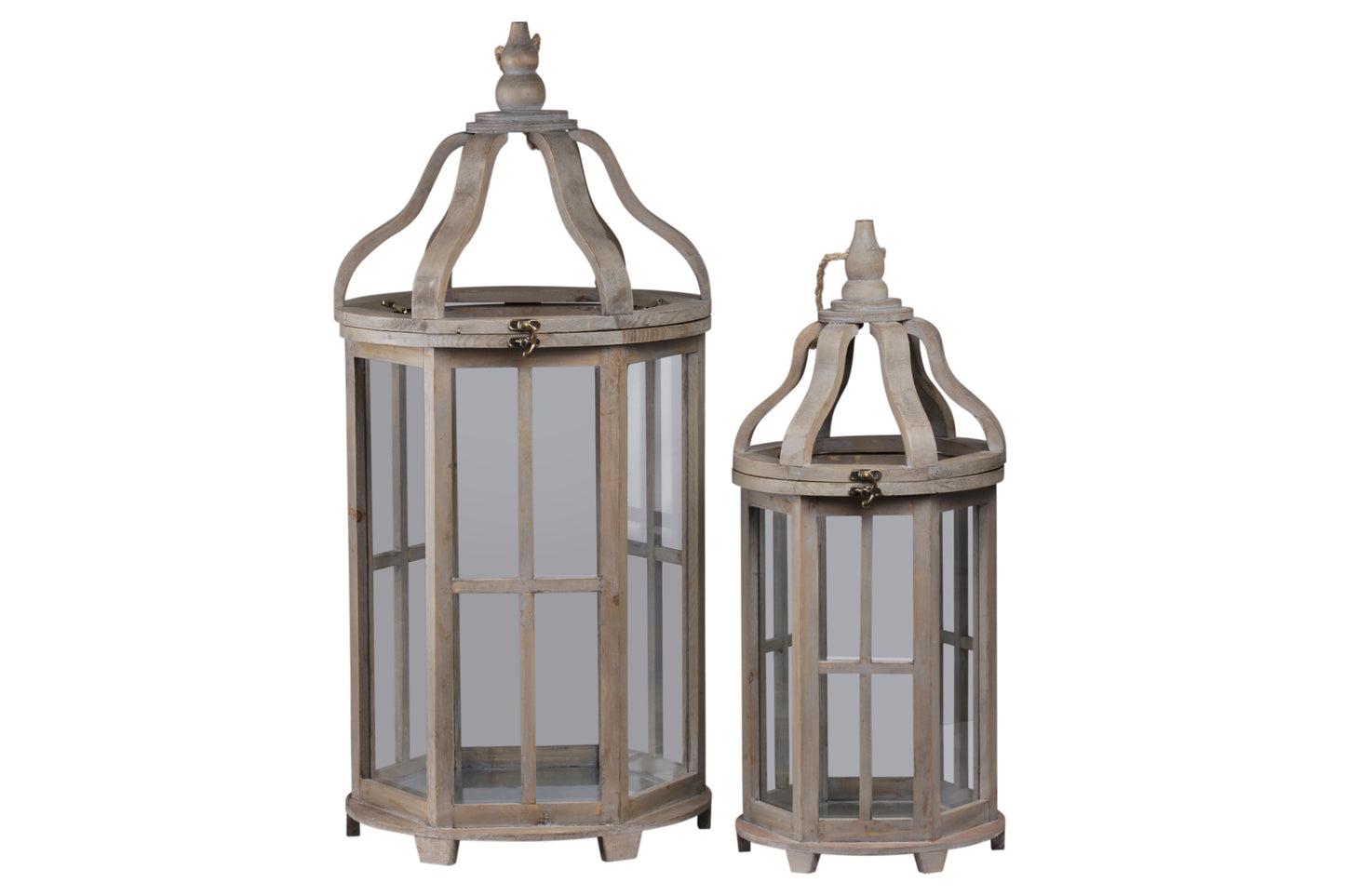 Wood Round Lantern with Rope Handle, Curved Ribbon Open Top  and "Window Pane" Design