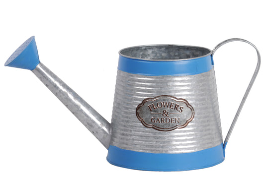 Zinc Round Watering Can with Open Top, Painted Blue Banded Rim Top and Bottom, Ribbed Design Body