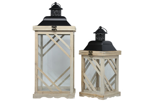 Wood Square Lantern Natural Finish Tan-21.75"H