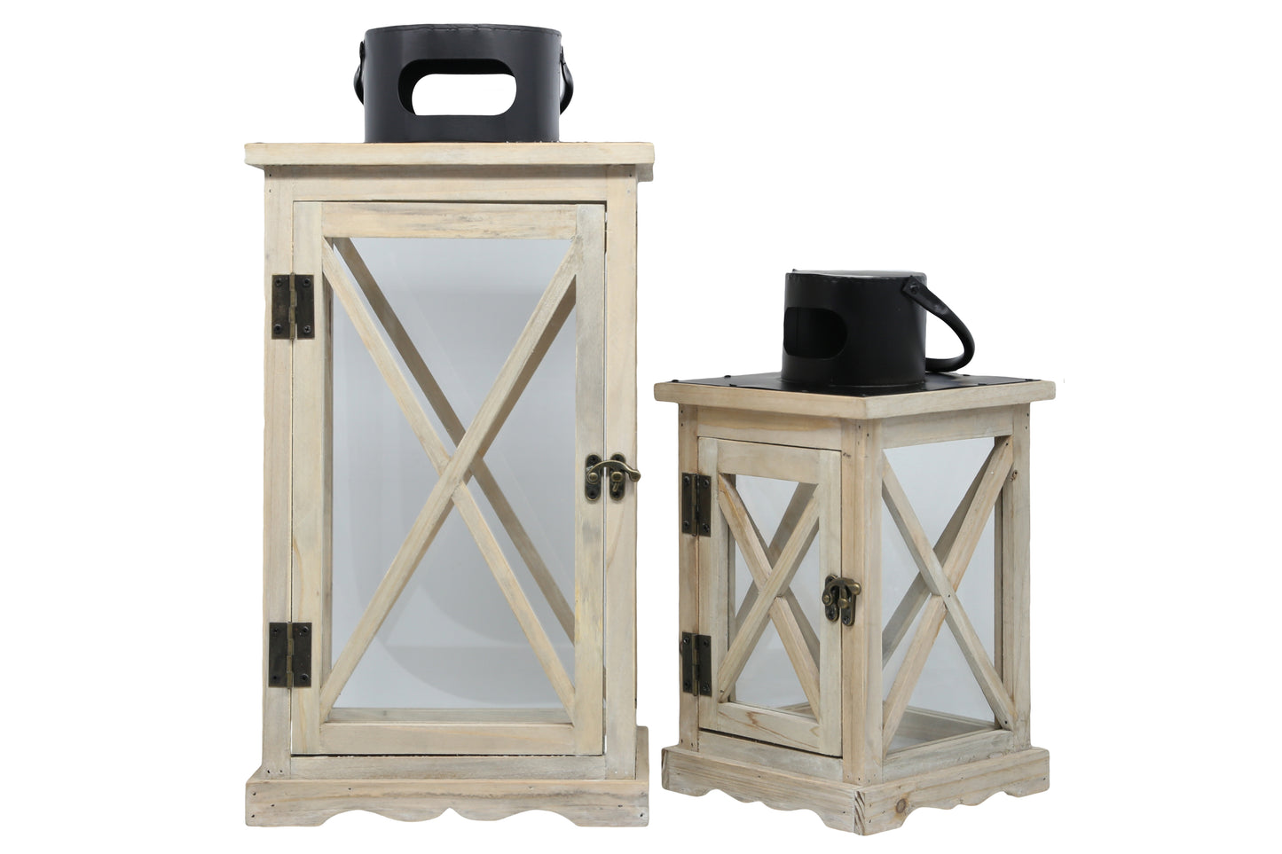 Wood Square Lantern with Black Painted Metal Cap and Ring Hanger, Clear Glass Sides and "X" Design