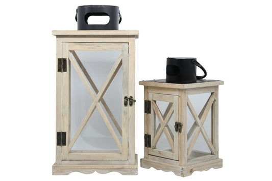 Wood Square Lantern Natural Finish Tan-18.50"H