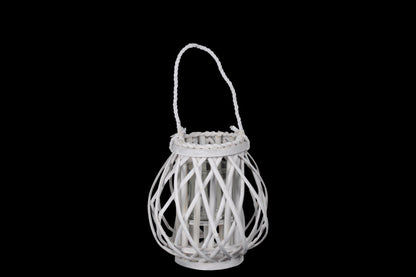 Wooden Tall Round Bellied Lantern Coated Finish White-10.25"H