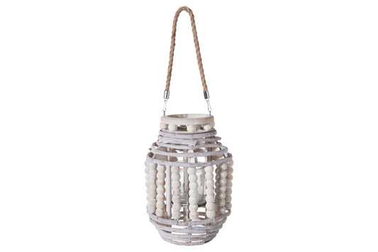 Wood Round Lantern Washed Finish Gray-11.25"H