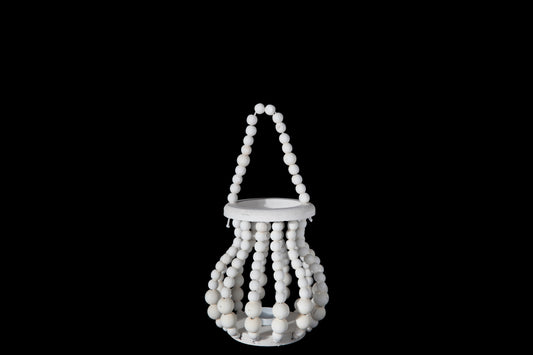 Wood Round Bellied Lantern Washed Finish White-10.00"H