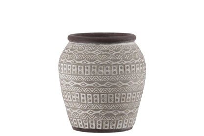 Cement Round Vase with Brown Rim Mouth, Tribal Pattern Design Body and Tapered Bottom