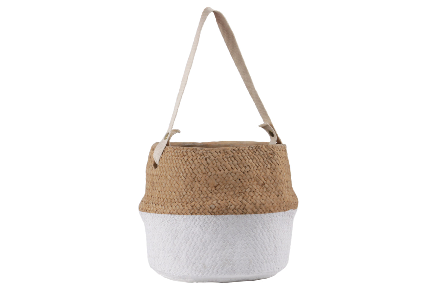 Cement Distorted Round Pot with Cotton Strap Handle, Brass Rivets and Basket Weave Design Body, and White Banded Bottom