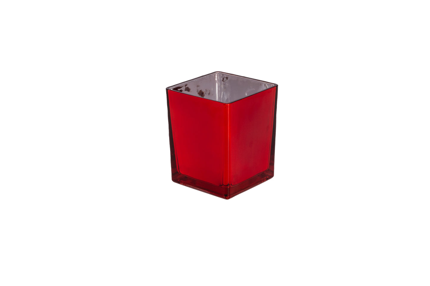 Machine Made Glass Cube Vase With Electroplating Inside Red-4.70"H